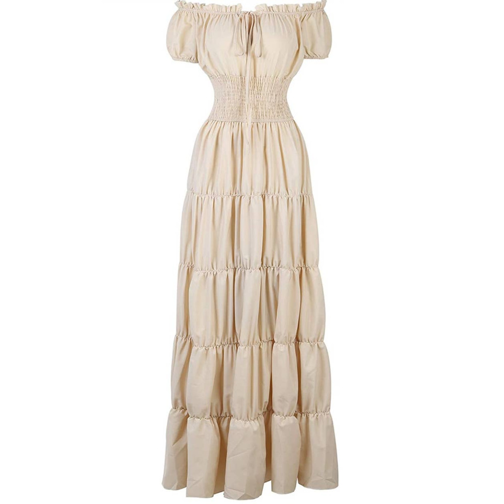 Off-Shoulder Cream Tiered Maxi Dress with Smocked Waist